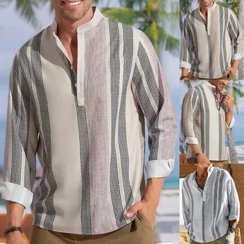 Новые дизайнерские гавайские рубашки для мужчин, полосатая хлопчатобумажная льняная рубашка с длинными рукавами и пуговицами, Свободный повседневный топ, блузки, мужская рубашка 2023