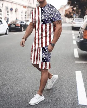 Мужская летняя толстовка, комплект винтажных костюмов, футболка с 3D принтом флага Америки, шорты, модная спортивная одежда, широкая одежда