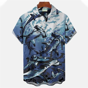 Летняя мужская рубашка с коротким рукавом с принтом подводных животных, гавайская рубашка с отворотом для мужчин, Новая футболка на пуговицах, блузка для пляжного отдыха, топы