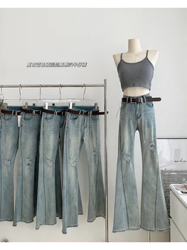 Женские винтажные джинсовые брюки Harajuku с рваными дырками, расклешенные джинсы Y2k, уличная одежда 2000-х, Эстетическая Корейская мода, Расклешенные брюки Tide