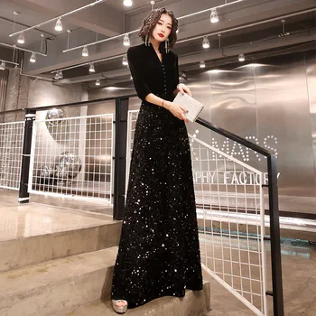 Элегантное женское вечернее платье с черными блестками, модные вечерние платья с V-образным вырезом и длинным рукавом, женское облегающее банкетное платье