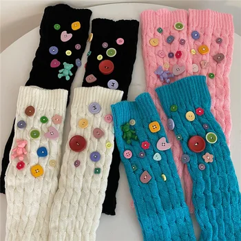 Милые Японские носки для ног ярких цветов, Корейские аксессуары, Гетры на пуговицах Y2K ручной работы, Вязаные Теплые носки с ворсом Kawaii