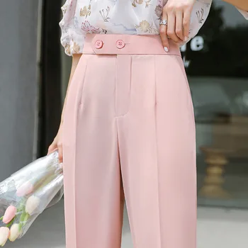 Розовые брюки Летние Тонкие женские 2021 Шифоновые укороченные шаровары с заостренными краями, прямые укороченные брюки для костюма для женщин