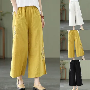 Женские брюки с эластичной резинкой на талии, расшитые вышивкой, в этническом стиле Ретро, свободные прямые брюки с широкими штанинами, мягкая уличная одежда