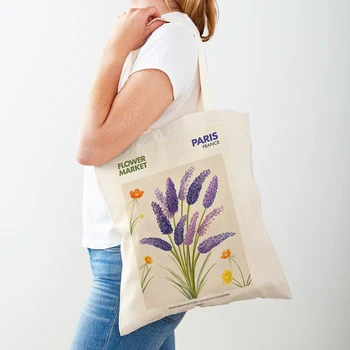 Женские сумки для покупок на цветочном рынке, декор с двойным принтом, цветочные растения, повседневная холщовая сумка на плечо для ребенка, сумка для покупок