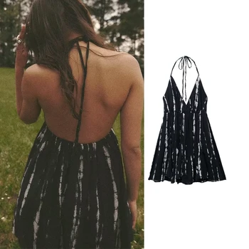 Женское Мини-платье TRAF Tie Dye, черное плиссированное платье на бретелях, женские сексуальные платья с открытой спиной для женщин 2023, Летнее пляжное женское платье