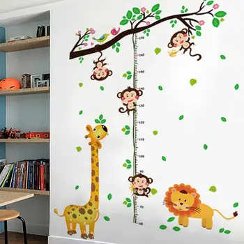 Мультяшные Животные Лев Обезьяна Сова Слон Измерение роста Наклейка на стену для детских комнат Диаграмма роста Декор детской комнаты Настенное искусство