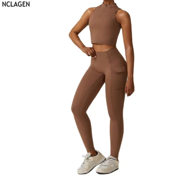 Костюм для йоги NCLAGEN, жилет для бега, фитнеса, спорта на молнии и брюки для тренировок в тренажерном зале, дышащие брюки-безрукавки, высокоэластичный комплект из двух предметов