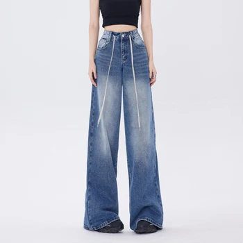 Джинсы для Хай-стрит, женские джинсовые брюки с высокой талией на шнурке, широкие брюки, Выстиранная Винтажная Синяя Свободная одежда Y2k Chic