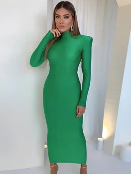 Облегающее Зеленое платье Макси с длинным рукавом и подкладкой на плечах, 2023, Весна-осень, женская модная элегантная одежда